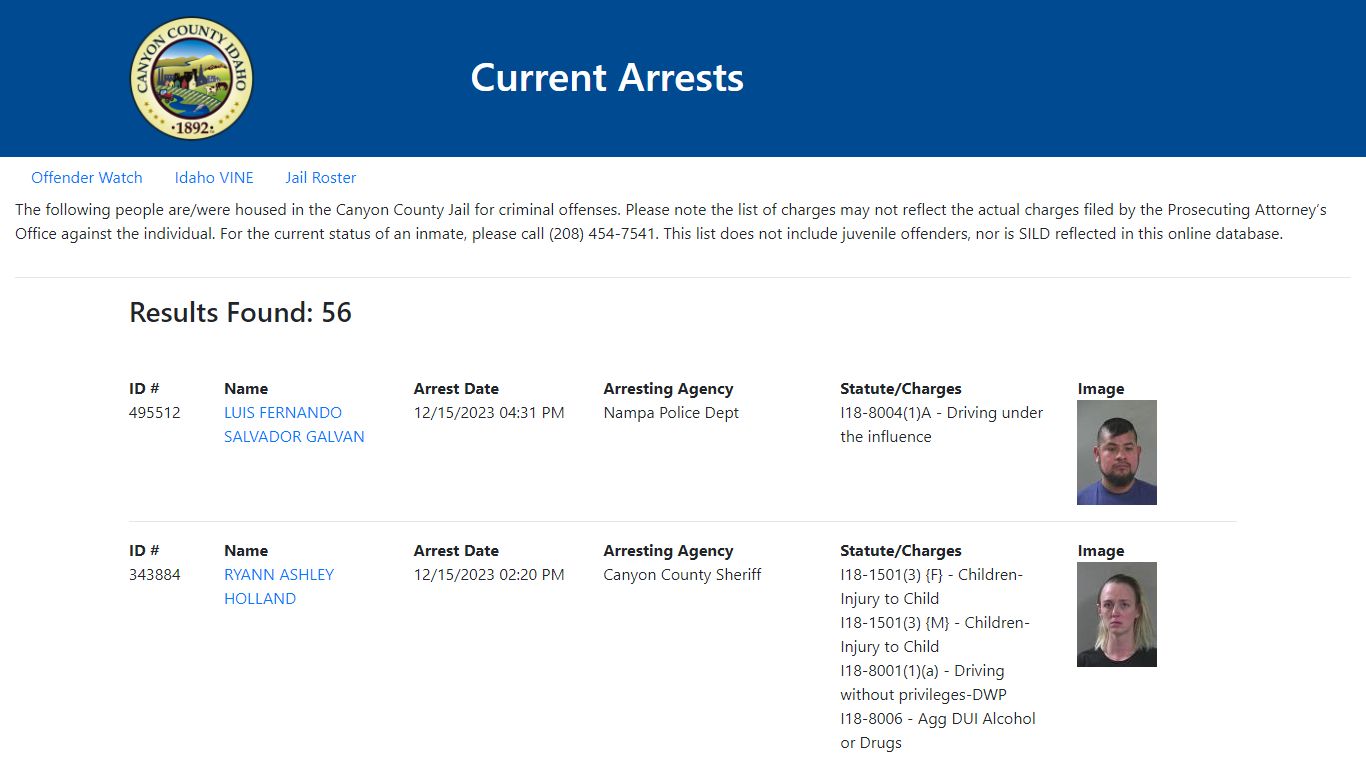 Current Arrests - Id